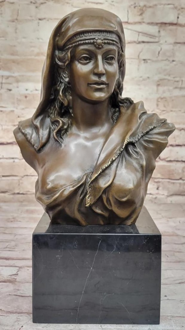 Signed Inspired Bronze Bust Sculpture of a Beautiful Woman by J.B. Coyvaux - 14" x 8": Signed Inspired Bronze Bust Sculpture of a Beautiful Woman by J.B. Coyvaux - 14" x 8" Indulge in the timeless allure encapsulated by the Handmade Signed Artwork Gorgeous Woman Bronze Bust Scul