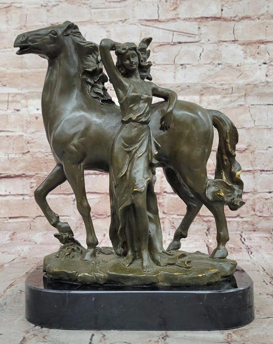 Reminiscent Lady with Horse Signed Bronze by Milo - 12" x 11": Reminiscent Lady with Horse Signed Bronze by Milo - 12" x 11" This signed and numbered limited edition bronze by acclaimed artist Milo captures a serene moment of connection between a graceful