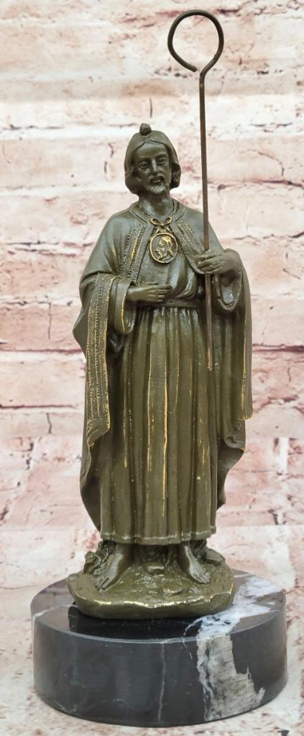 Saint Jude Thaddeus Bronze Statue by Valli - 17" x 11.5": Saint Jude Thaddeus Bronze Statue by Valli - 9.5" x 4" This finely detailed bronze statue of Saint Jude Thaddeus depicts him holding a staff and medallion, symbolizing faith and devotion. Craf