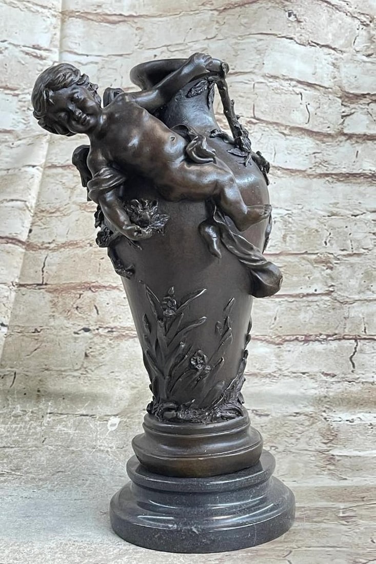 Original Cherub Cupid Angel Vase Bronze Sculpture on Marble Base - 12" x 6": Original Cherub Cupid Angel Vase Bronze Sculpture on Marble Base - 12" x 6" Elevate your space with the timeless elegance of our Original Cherub Cupid Angel Vase Bronze Sculpture on Marble Bas