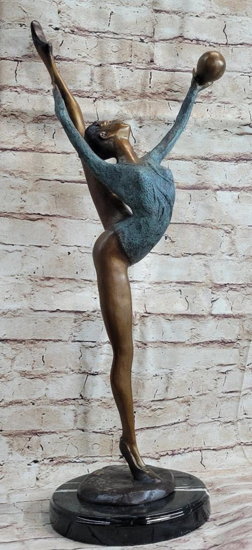 Signed Original Flexible Rhythmic Gymnast Bronze Sculpture On Marble Base - 24" x 12": Signed Original Flexible Rhythmic Gymnast Bronze Sculpture On Marble Base - 24" x 12" The rhythmic gymnast. Captured in the midst of her ball routine, she flaunts her toned body and flexibilit