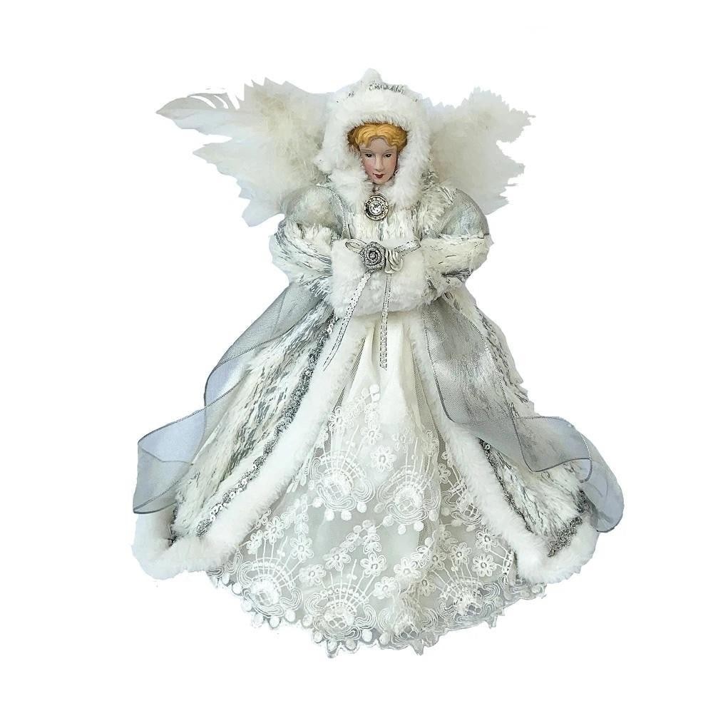 Elegant Silver Lace Angel Tree Topper: Elegant Silver Lace Angel Tree Topper Add a touch of refined beauty to your holiday decor with this Elegant Silver Lace Angel Tree Topper. Featuring a flowing silver and lace gown with a lined hood,