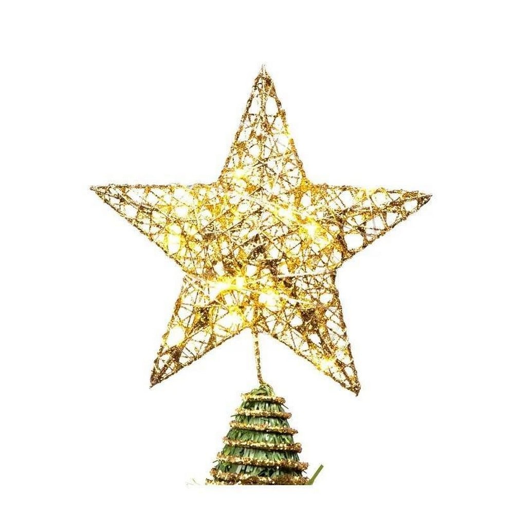 Festive Gold Glitter LED Star Tree Topper: Festive Gold Glitter LED Star Tree Topper Add a dazzling finishing touch to your holiday tree with this 9" Gold Glitter LED Star Tree Topper. Its hollow design with warm LED lights creates a