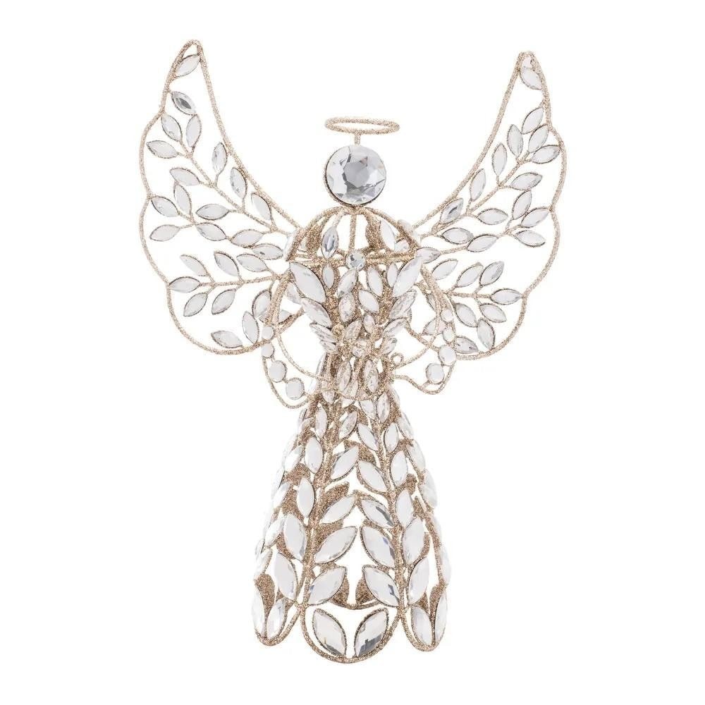 Elegant Jeweled Angel Tree Topper: Elegant Jeweled Angel Tree Topper Elevate your holiday decor with this stunning Jeweled Angel Tree Topper. Featuring festive gold and silver tones and adorned with sparkling jeweled accents, this ange