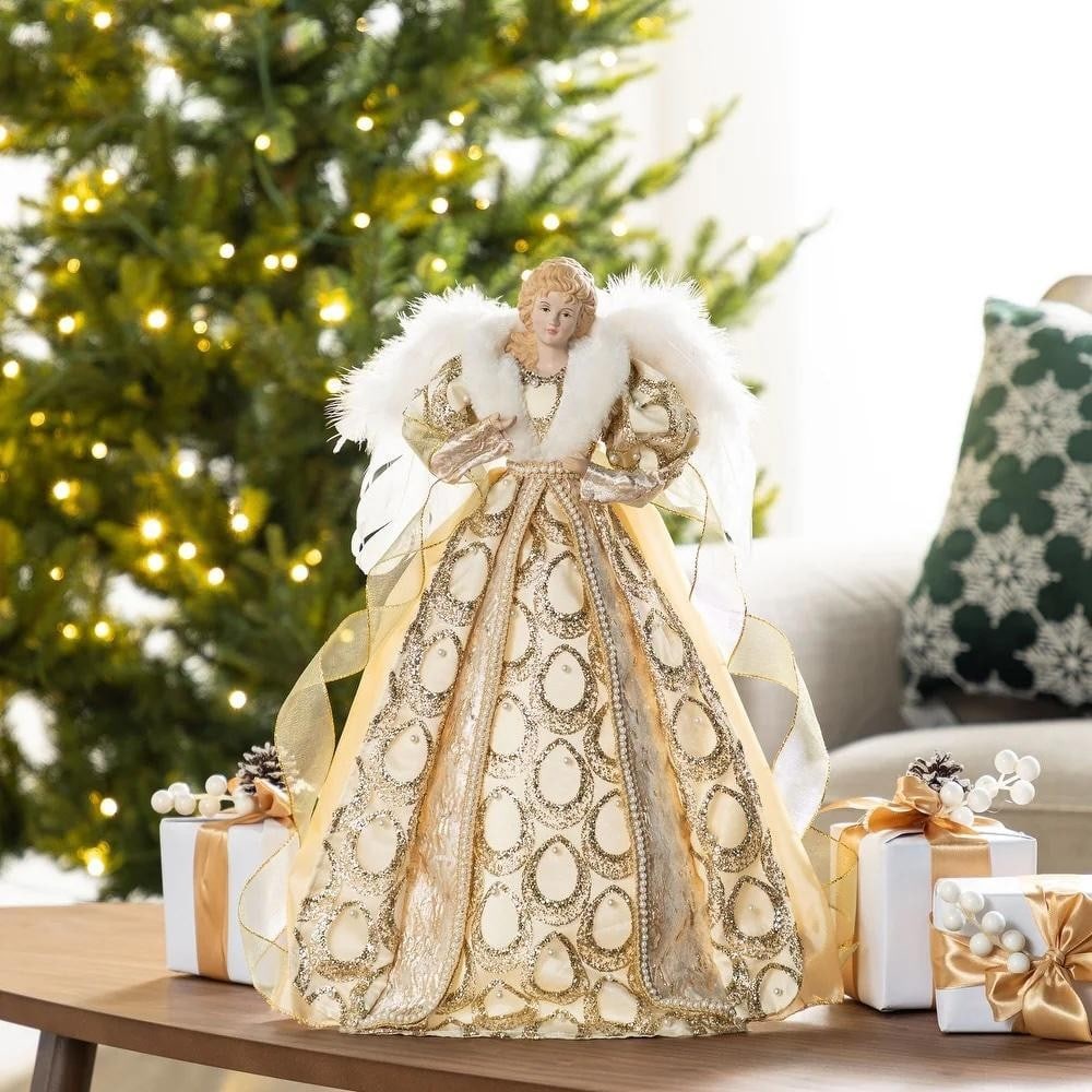 Regal Faux Fur Angel Tree Topper: Regal Faux Fur Angel Tree Topper Enhance your holiday tree with this stunning Faux Fur Angel Tree Topper. Featuring a lifelike porcelain face and a richly detailed gown trimmed with luxurious faux