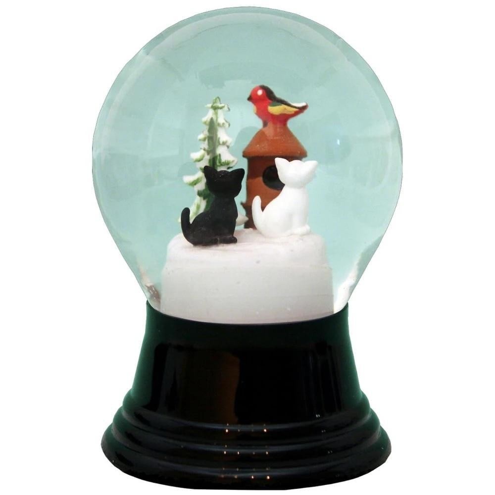 Holiday Cats and Birdhouse Snow Globe: Holiday Cats and Birdhouse Snow Globe Add a touch of sparkle to your holiday decor with this charming snow globe. Featuring two medium cats and a small birdhouse inside a real blown Viennese glass glo