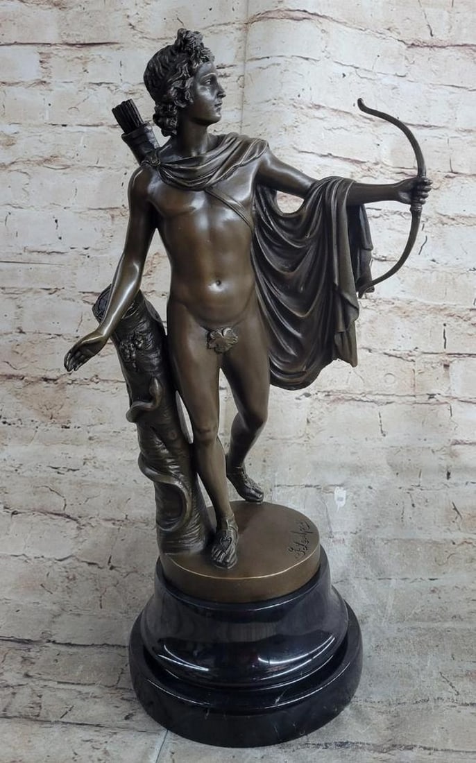 Classical Archer Bronze Sculpture in the Style of Leochares - 17" x 6": Classical Archer Bronze Sculpture in the Style of Leochares - 17" x 6" This reproduction bronze sculpture depicts a classical archer standing in a composed stance after releasing his shot, hol