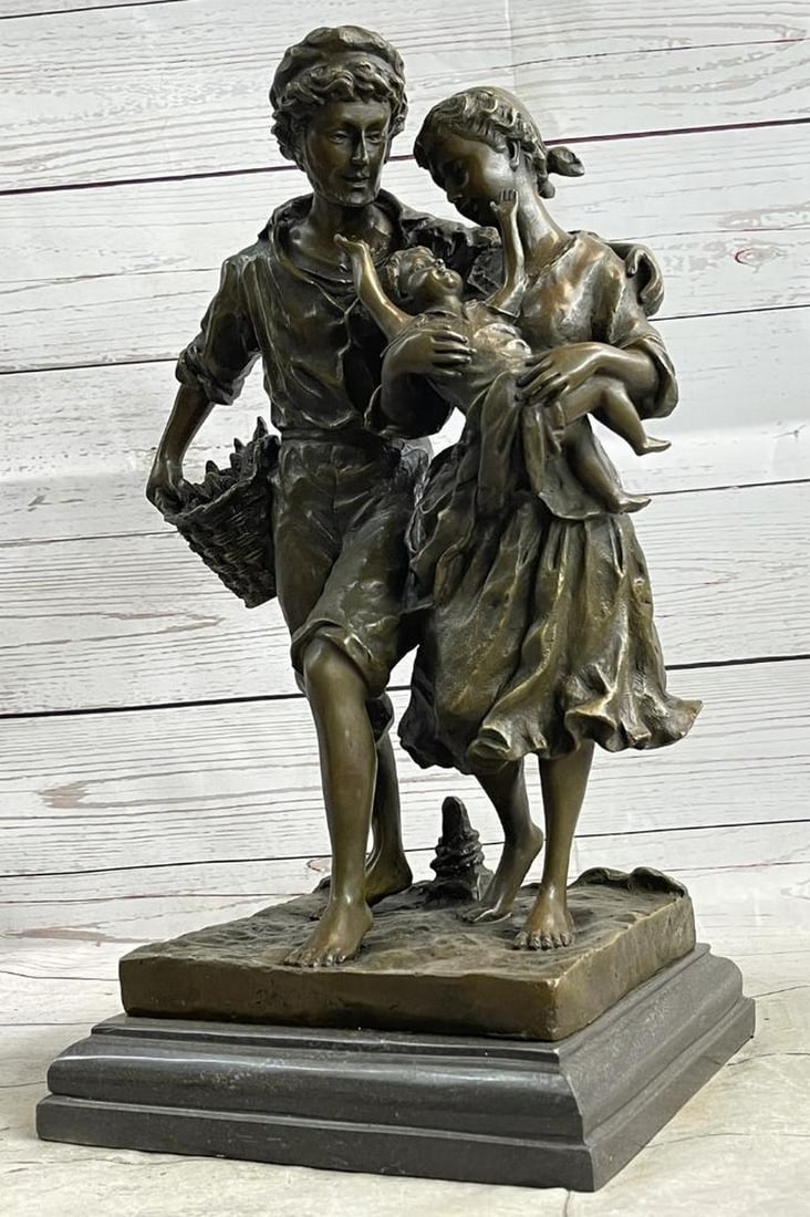 Farmer, Wife, and Child Bronze Sculpture by Milo - 16" x 8": Farmer, Wife, and Child Bronze Sculpture by Milo - 16" x 8" This original bronze sculpture depicts a farmer and his wife during harvest season, sharing a quiet moment as their baby rests in he