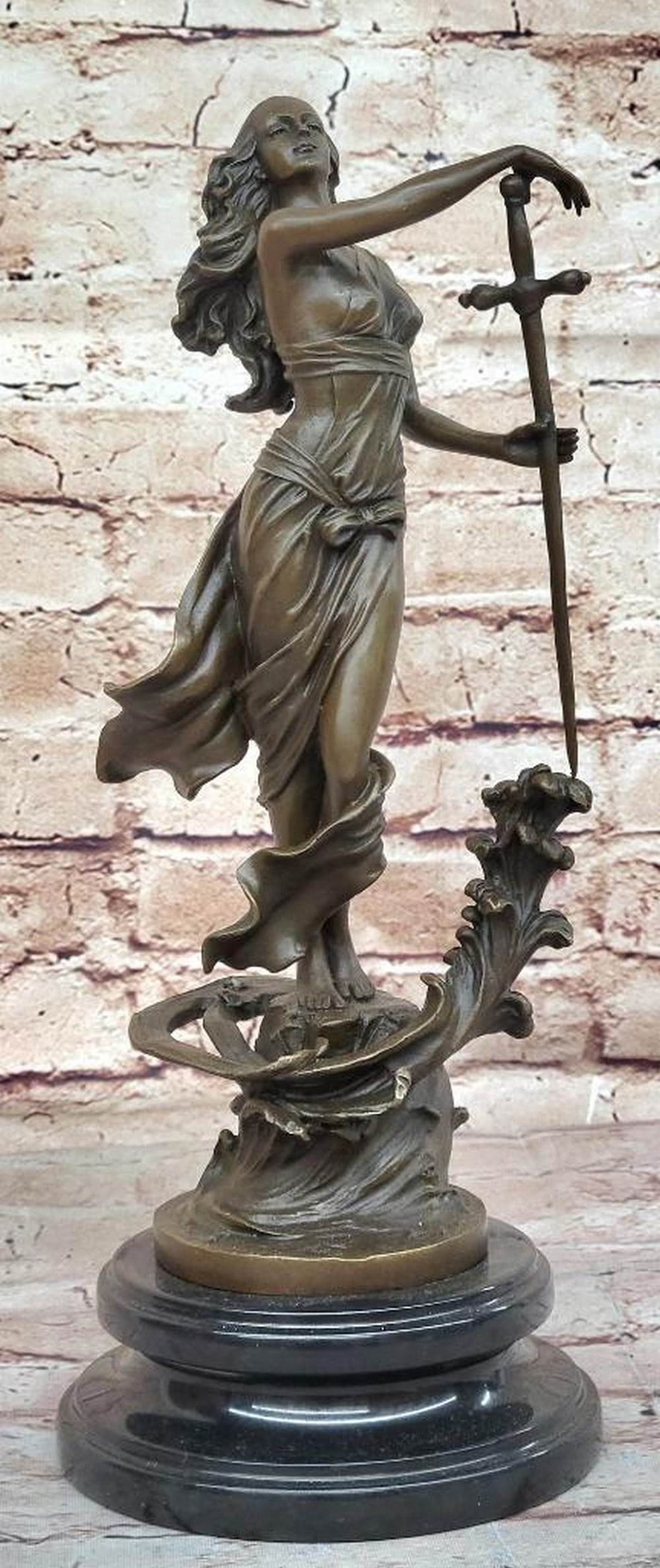Greek Mythology Warrior Girl with Sword Bronze Statue by Aldo Vitaleh - 14" x 8": Greek Mythology Warrior Girl with Sword Bronze Statue by Aldo Vitaleh - 14" x 8" This original bronze sculpture depicts a Greek warrior girl in a contrapposto pose, with flowing robes and deta