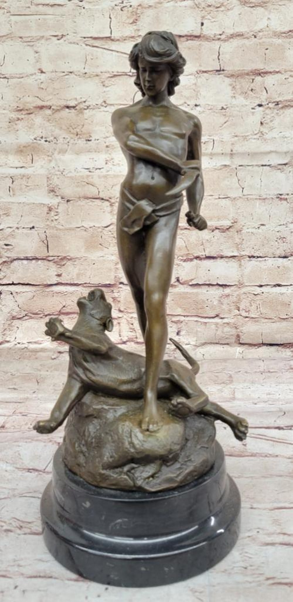 Nude Warrior Battling Lion Inspired Bronze Sculpture by Loys Potet - 14" x 7": Nude Warrior Battling Lion Inspired Bronze Sculpture by Loys Potet - 14" x 7" Elevate your space with the timeless majesty of the "Nude Warrior Battling Lion" bronze sculpture, a maste