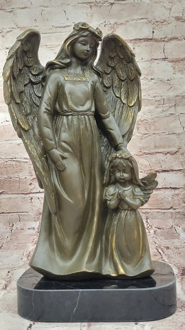 Guardian Angel with Child Bronze Sculpture by Auguste Moreau - 12.5" x 7": Guardian Angel with Child Bronze Sculpture by Auguste Moreau - 12.5" x 7" This heartfelt bronze sculpture by Auguste Moreau depicts a guardian angel tenderly protecting a child, symbolizing di