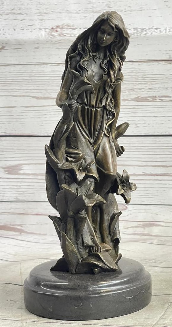 Nymph Girl Among the Flowers Original Bronze Statue - 10.5" x 4.5": Nymph Girl Among the Flowers Original Bronze Statue - 10.5" x 4.5" This bronze sculpture captures a moment of peaceful daydreaming. Resting by a tree stump, the serene figure is surrounded by 