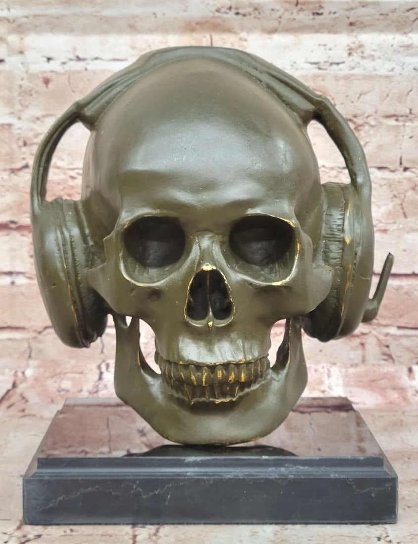 Gothic Skull with Headphones Original Bronze Statue - 10" x 7": Gothic Skull with Headphones Original Bronze Statue - 10" x 7" This bold bronze sculpture by Miguel Lopez reimagines the human skull with oversized headphones, merging themes of mortality and 