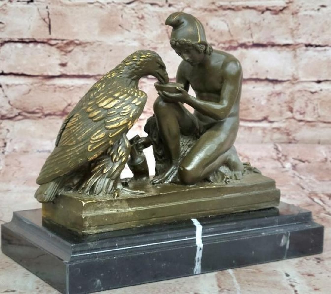 Bronze Zeus and Ganymede Statue: Bronze Zeus and Ganymede Statue This exquisite Bronze Zeus and Ganymede Statue, bearing the signature of renowned artist Aldo Vitaleh, beautifully depicts the mythological moment of Ganymede, the