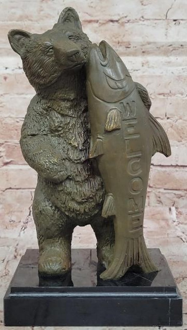 Bronze Bear Welcome Statue: Bronze Bear Welcome Statue This delightful Bronze Bear Welcome Statue, inspired by the artistry of M. Lopez, brings a warm and playful touch to any home or garden. The statue features a majestic bear 