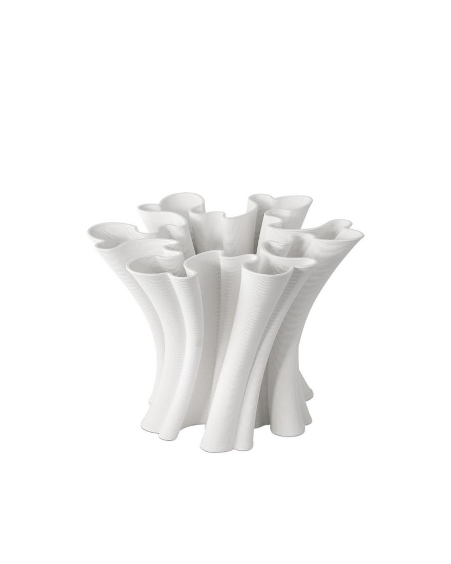 White Godet Vase, Currey Collection: White Godet Vase, Currey Collection The Godet Twist White Vase is a marvel of modern engineering. Its deep, wavy furrows, uniformly carved to evoke continuous movement, showcase the precision of machi