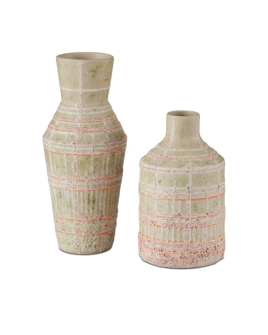 Cream & Green set of Two Vases, Riso Vase Collection: Cream & Green set of Two Vases, Riso Vase Collection Drawing inspiration from an aerial view of rice fields, the Riso Vase Set features intricately carved geometric patterns on its tan ceramic surface