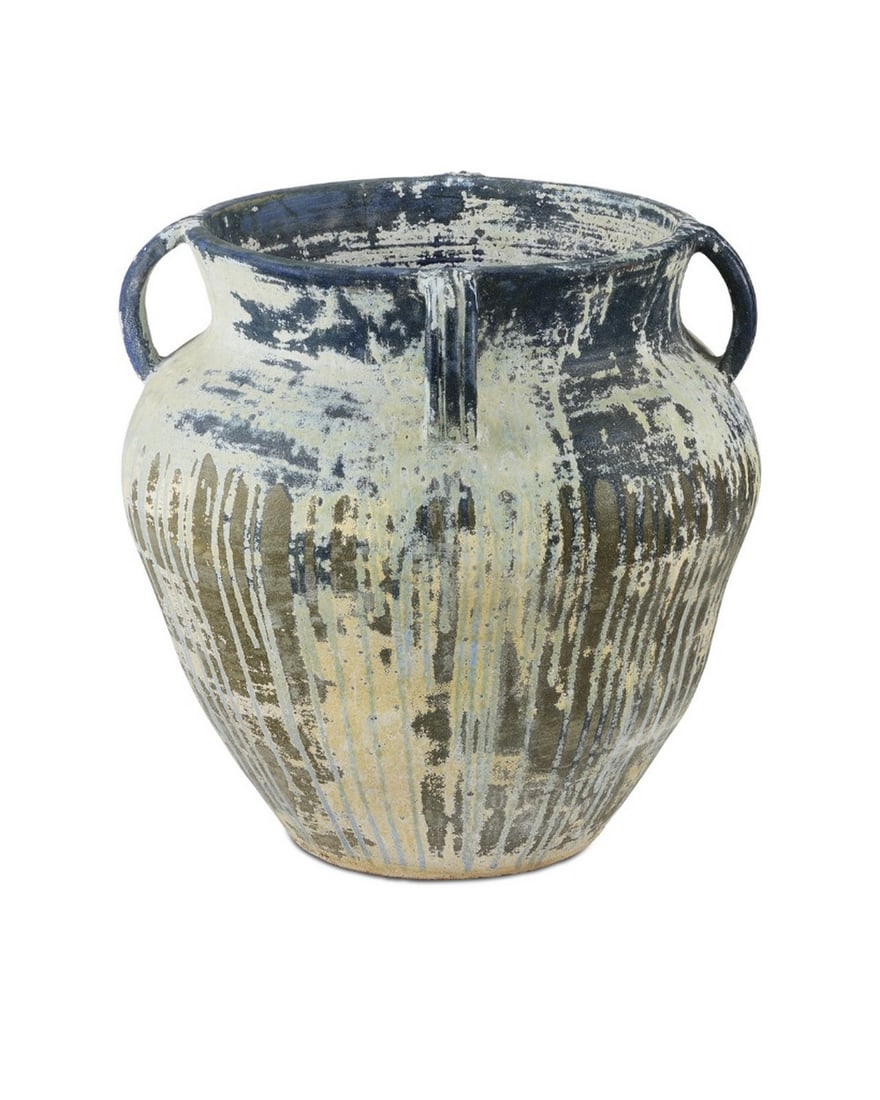 White & Blue Drip Planter, Agrigento Collection: White & Blue Drip Planter, Agrigento Collection A striking fusion of modern design and Mediterranean charm. Its crisp white body is accented by bold blue drip details that evoke the aged elegance of t