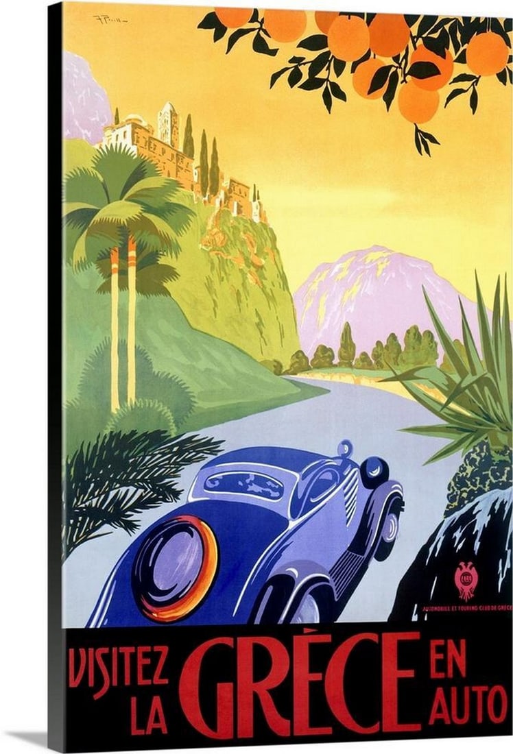 Visit Greece, Visitez la Grece - Vintage Poster Canvas Reproduction: Visit Greece, Visitez la Grece - Vintage Poster Canvas Reproduction Step back in time with this vintage travel poster, Visit Greece, Visitez la Grece, featuring a classic car winding through Greece's 