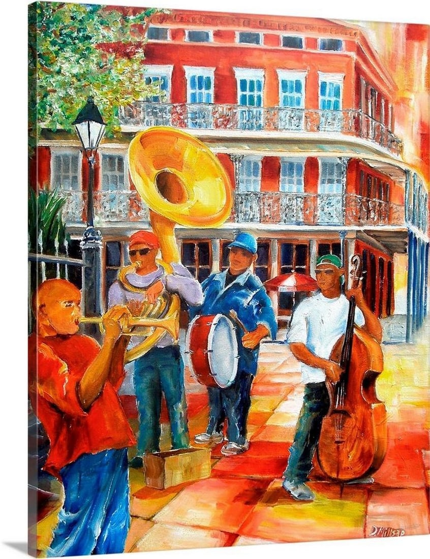Jackson Square Brass Band - Canvas Reproduction by Diane Millsap: Jackson Square Brass Band - Canvas Reproduction by Diane Millsap Immerse yourself in the soulful rhythm of New Orleans with Jackson Square Brass Band by Diane Millsap. This colorful contemporary canva