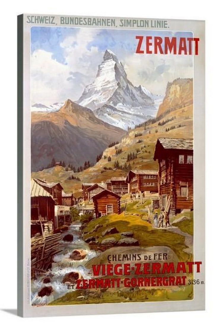 Swiss Alps, Zermatt, Matterhorn Vintage Poster Stretched Canvas Print: Swiss Alps, Zermatt, Matterhorn Vintage Poster Stretched Canvas Print Celebrate the majestic beauty of the Swiss Alps with this stretched canvas print of Zermatt, Matterhorn by Anton Reckziegel. This 