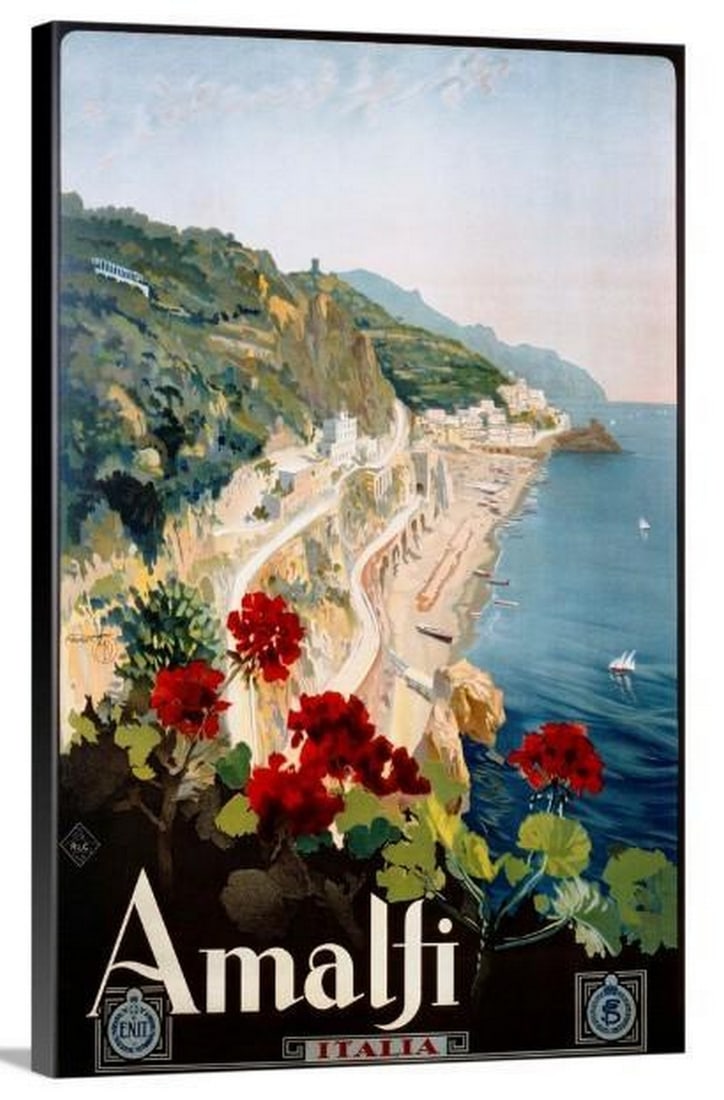 Amalfi Poster Stretched Canvas Print by Mario Borgoni: Amalfi Poster Stretched Canvas Print by Mario Borgoni Bring the timeless allure of Italy's Amalfi Coast into your home with this stunning stretched canvas print of Amalfi by Mario Borgoni. Featuring B