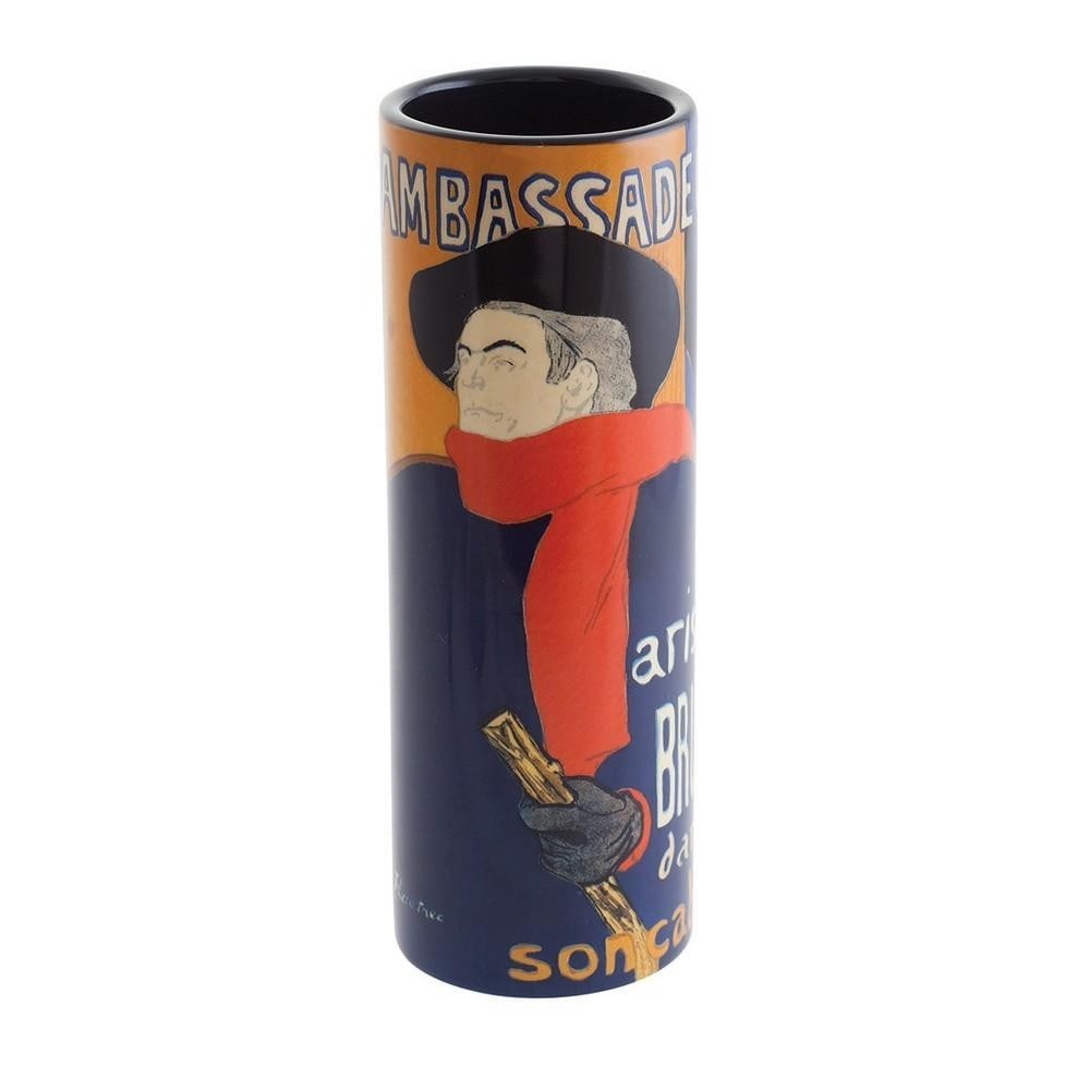 Aristide Bruant Porcelain Small Vase: Aristide Bruant Porcelain Small Vase This small cylindrical vase is decorated with a design after Henri de Toulouse-Lautrec's famous poster of Aristide Bruant, the French cabaret singer, comedian,