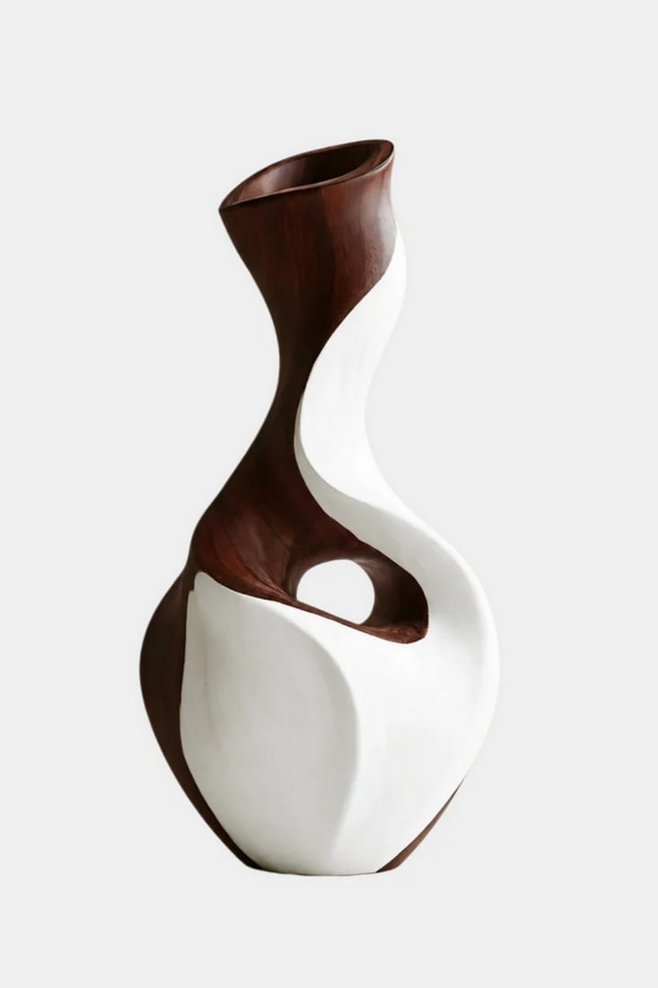 'Contrasting Flow Form'' - Contemporary Wooden Sculptural Vase: ''Contrasting Flow Form'' - Contemporary Wooden Sculptural Vase A refined sculptural vase defined by its flowing S-curve silhouette and harmonious contrast of natural wood and smooth white surface. Th
