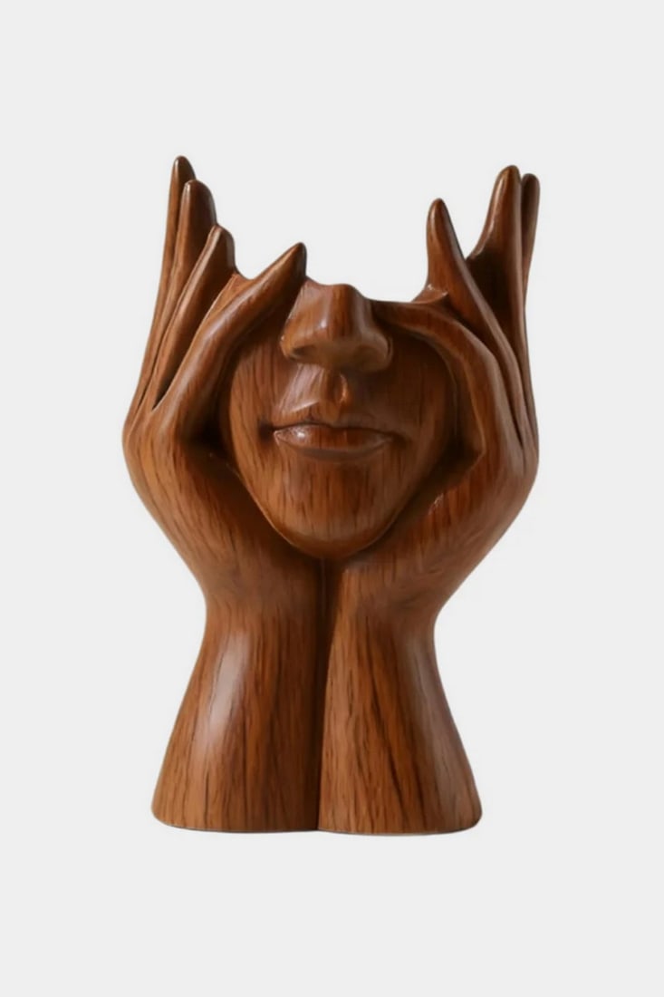 'Contemplative Hands Form'' - Contemporary Wooden Sculptural Vase: ''Contemplative Hands Form'' - Contemporary Wooden Sculptural Vase A powerful figurative sculpture defined by its expressive hand-carved composition, this vase portrays a serene face cradled within up