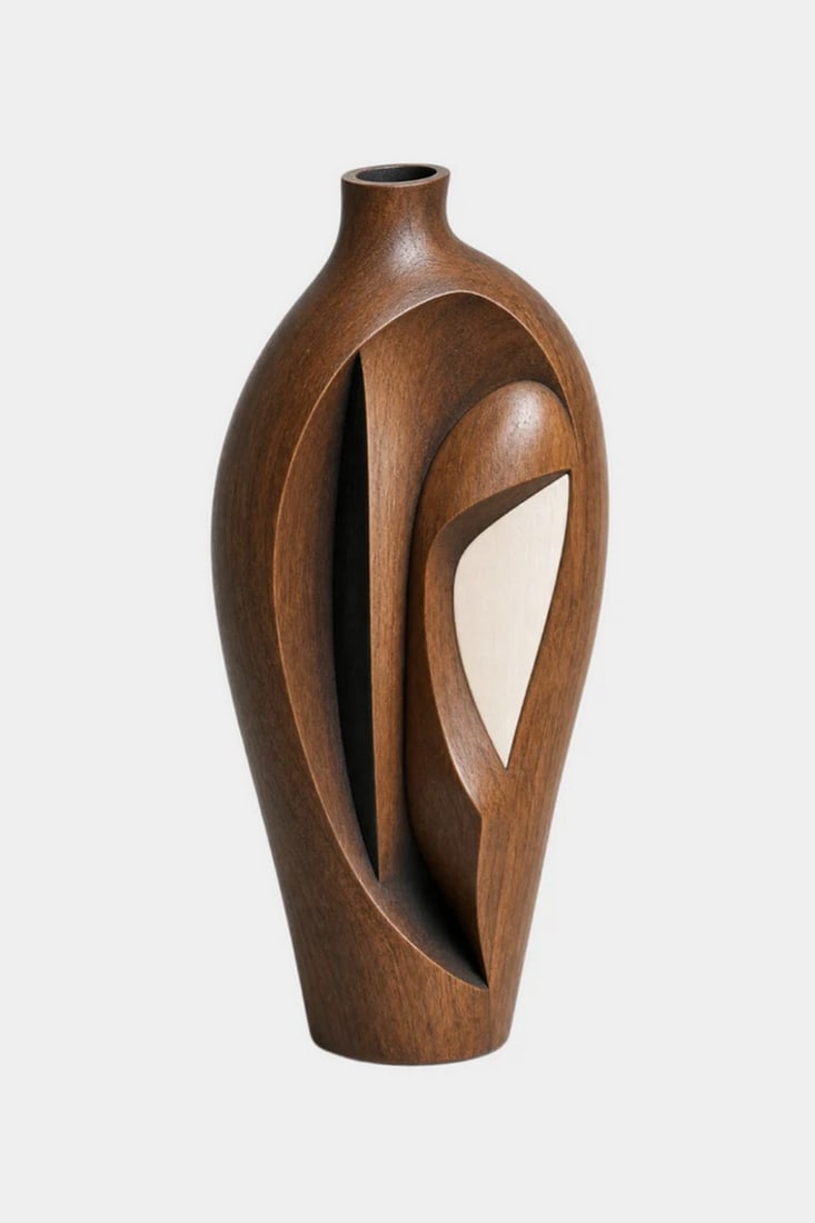 'Harmonic Void Form'' - Contemporary Wooden Sculptural Vase: ''Harmonic Void Form'' - Contemporary Wooden Sculptural Vase A sculptural wooden piece defined by its fluid carved geometry and interplay of solid form and negative space. The composition rises with a