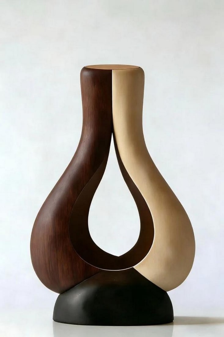 'Dual Tone Infinity Curve'' - Contemporary Wooden Vase: ''Dual Tone Infinity Curve'' - Contemporary Wooden Vase A striking interplay of contrast and symmetry, this sculptural vase features two seamlessly joined forms in rich dark and light wood tones. The 