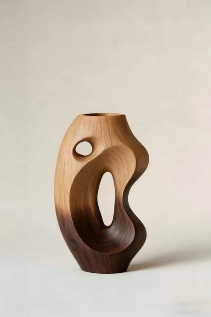 'Dual Aperture Flow'' - Contemporary Wooden Vase: ''Dual Aperture Flow'' - Contemporary Wooden Vase An expressive sculptural form defined by contrast and movement, this vase features a flowing silhouette accented by two carved openings that create de