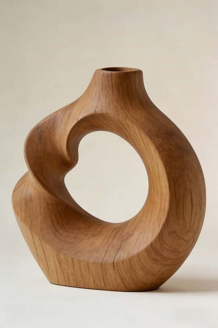 'Open Form Flow'' - Contemporary Wooden Vase: ''Open Form Flow'' - Contemporary Wooden Vase An expressive sculptural form defined by fluidity and negative space, this vase features a smooth, continuous silhouette with a striking open-center desig
