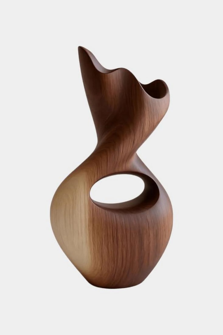 'Twisted Aperture Form'' - Contemporary Wooden Vase: ''Twisted Aperture Form'' - Contemporary Wooden Vase An expressive sculptural vase defined by a fluid, twisting silhouette and an open circular cutout. The flowing curves create a sense of movement,