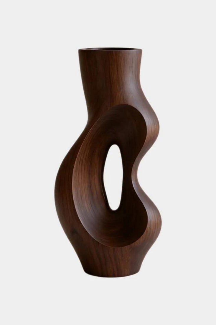 'Organic Flow Form'' - Contemporary Wooden Vase: ''Organic Flow Form'' - Contemporary Wooden Vase An expressive sculptural form defined by smooth, flowing curves and an open center design, this vase highlights the natural beauty of richly toned