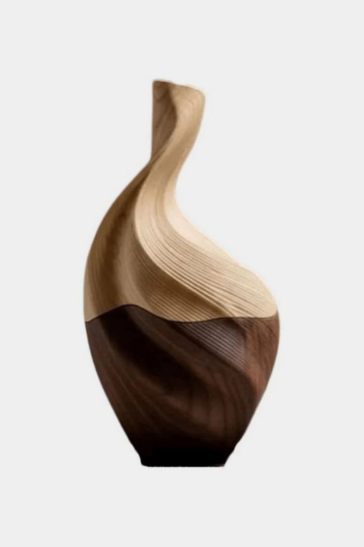 'Layered Grain Twist'' - Contemporary Wooden Vase: ''Layered Grain Twist'' - Contemporary Wooden Vase An expressive sculptural form defined by contrast and flow, this vase features a softly twisting silhouette composed of layered wood tones. Light