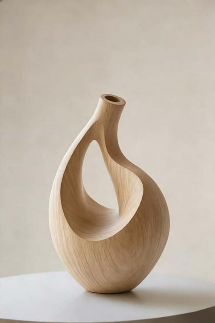 'Open Loop Form'' - Contemporary Wooden Vase: ''Open Loop Form'' - Contemporary Wooden Vase An elegant sculptural vase defined by a smooth, flowing silhouette and an open loop center. The gently curved structure creates a sense of movement,
