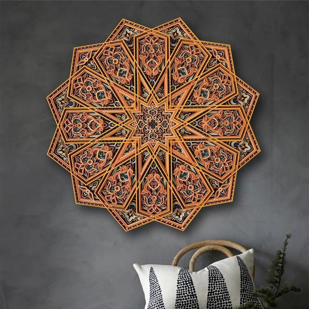 Orange Dawn Star Geometric Layered Wood Wall Art: Orange Dawn Star Geometric Layered Wood Wall Art A mesmerizing fusion of geometry and craftsmanship, this multi-layered wood wall art features an intricate mandala-inspired design. Precision laser-cut