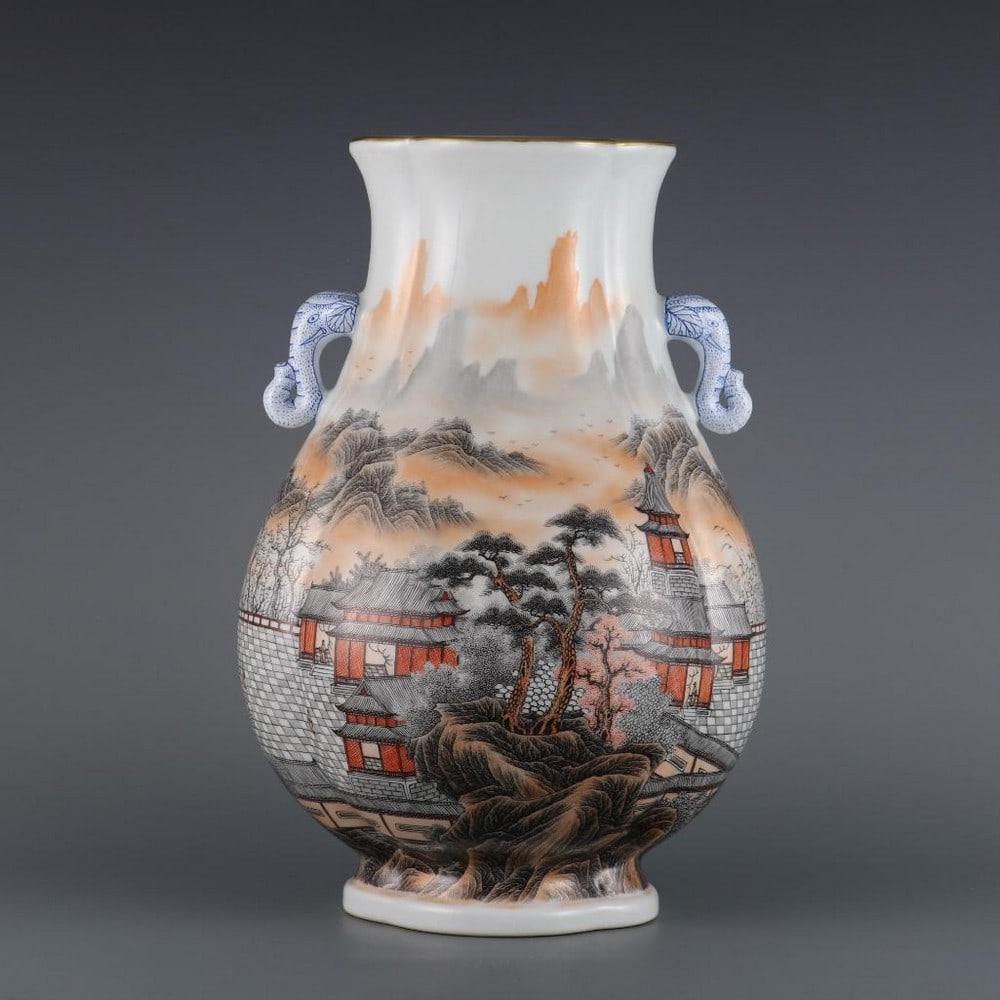Alum Red Ink Color Landscape Pavilion Vase With Elephant Handles: Alum Red Ink Color Landscape Pavilion Vase With Elephant Handles. This striking vase features a unique alum red ink color glaze, skillfully blending deep reds with subtle ink tones to create a stunnin