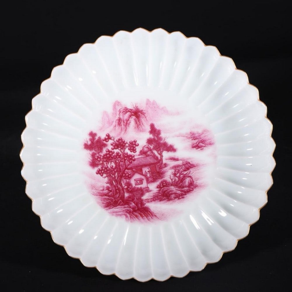 Inspired Qing Dynasty Yongzheng Carmine Red Landscape Pavilion Chrysanthemum Petal Plate - Old (1 of 9)