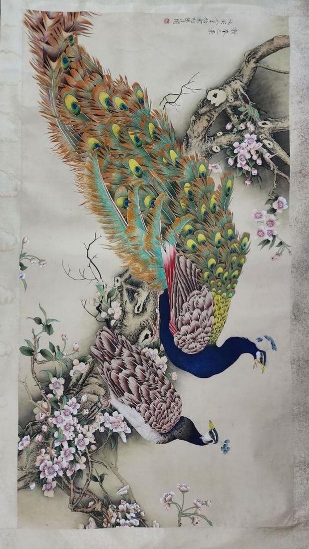 Inspired Yu Fei Yin Large Peacock Painting: Inspired Yu Fei Yin Large Peacock Painting This inspired painting by Yu Fei Yin captures a majestic peacock in vivid detail, symbolizing elegance and nobility. The expansive composition and vibrant br
