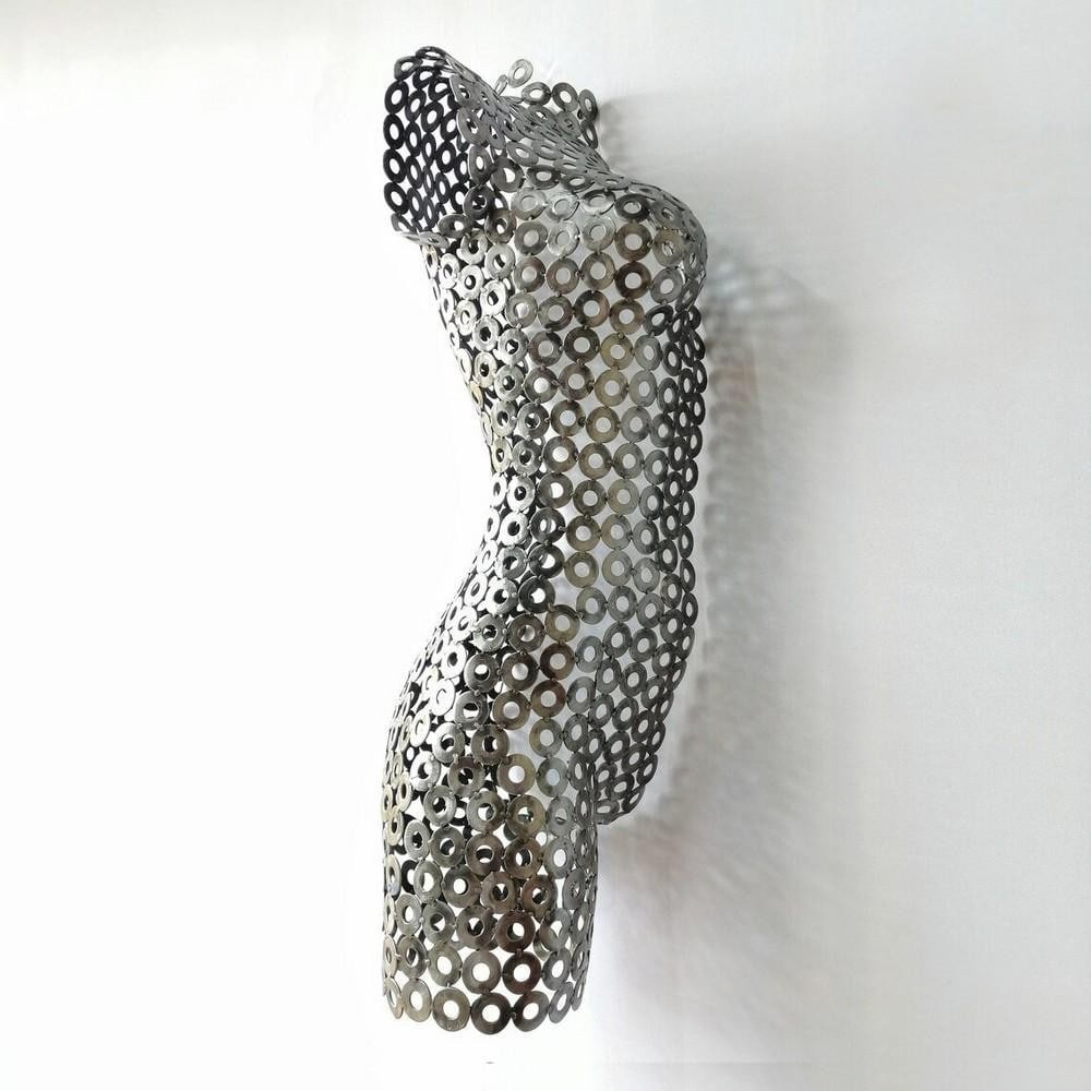Ethereal Form Metal Torso Sculpture: Ethereal Form Metal Torso Sculpture This captivating life-size metal torso sculpture embodies elegance and artistry through its fluid, abstract form. Expertly handcrafted and welded to achieve gracefu