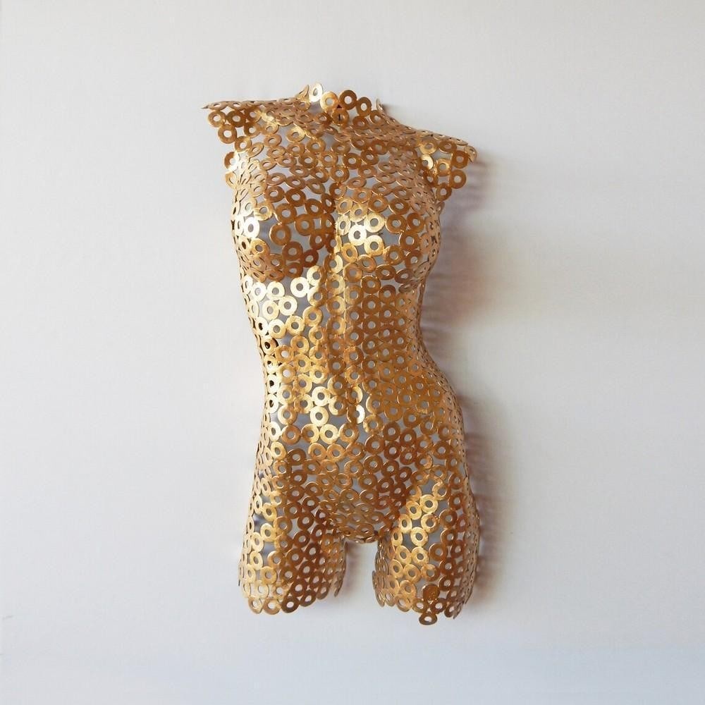 Gilded Strength - Abstract Metal Female Torso Sculpture: Gilded Strength - Abstract Metal Female Torso Sculpture A striking fusion of industrial artistry and feminine elegance, this metal torso sculpture embodies power and grace. Meticulously crafted from i