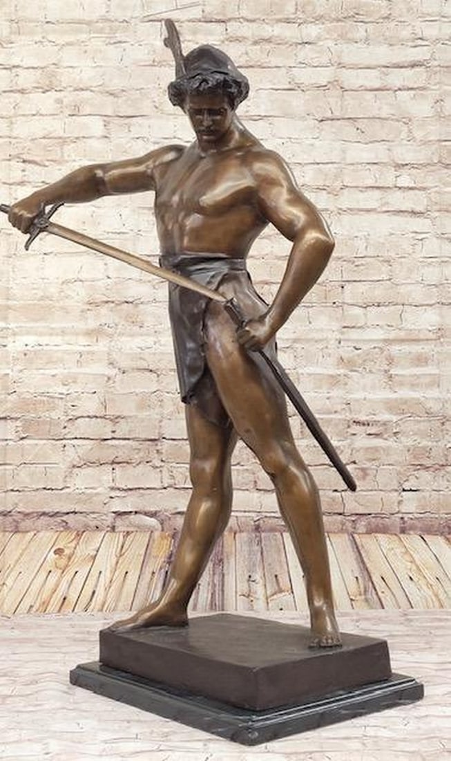 Post Pugnam Picault Bronze Statue Sculpture Warrior Sheathing Sword 35'' x 18'': Post Pugnam Picault Bronze Statue Sculpture Warrior Sheathing Sword 35 x 18 Emanating an air of timeless beauty and raw power, the Sensational Post Pugnam Picault Bronze Statue stands as a captivating