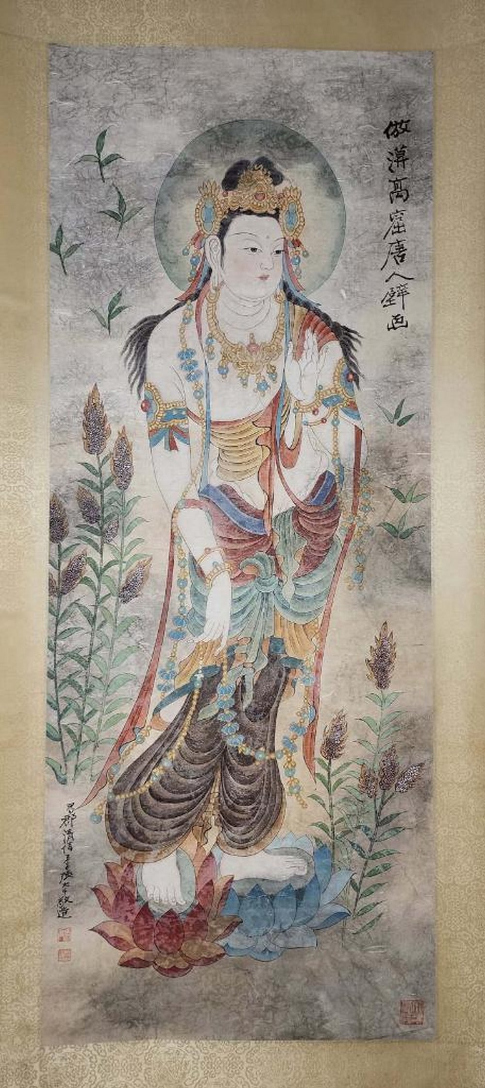 Inspired Zhang Daqian Dunhuang Buddha Statue Scroll: Inspired Zhang Daqian Dunhuang Buddha Statue Scroll This remarkable scroll inspired by Zhang Daqian captures the serene majesty of a Dunhuang Buddha statue, reflecting his deep admiration for ancient 