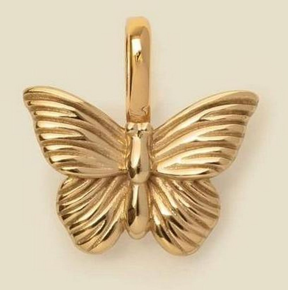 Vermeil Gold Butterfly Charm: Vermeil Gold Butterfly Charm Cherish every moment with a timeless keepsake. These stud-style hoops, featuring emerald and pear CZs in perfect harmony, add a romantic touch to your look- a lasting