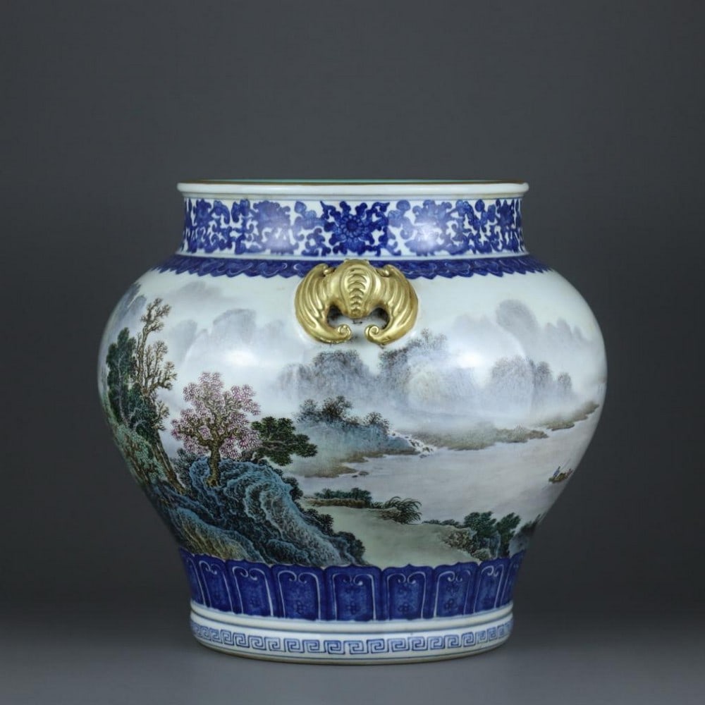 Blue and White Famille Rose Landscape Jar with Bat Handles, Qianlong Mark: Blue and White Famille Rose Landscape Jar with Bat Handles, Qianlong Mark A finely decorated jar featuring underglaze blue patterns combined with famille rose enamel landscape scenes inspired by the Q