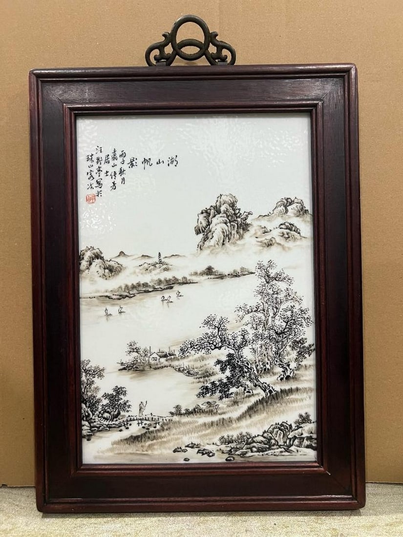 Sail Shadows of Lakes and Mountains Landscape Porcelain Plaque: Sail Shadows of Lakes and Mountains Landscape Porcelain Plaque A beautifully rendered porcelain plaque inspired by Wang Yeting, one of the renowned Zhushan Eight Friends. The scene captures tranquil s