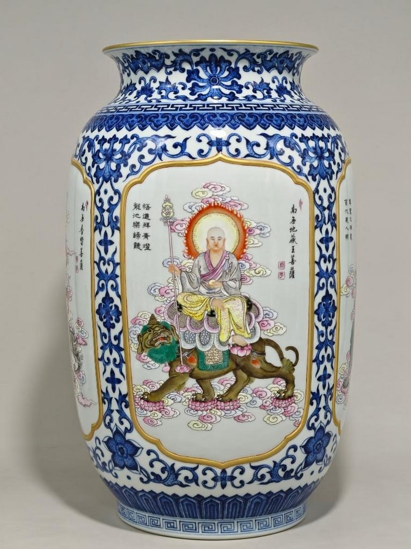 Qianlong Mark Blue and White Lotus and Four Bodhisattvas Donggua Bottle: Qianlong Mark Blue and White Lotus and Four Bodhisattvas Donggua Bottle An elegant blue and white porcelain Donggua (gourd-shaped) bottle, richly decorated with entwined lotus branches in deep cobalt 