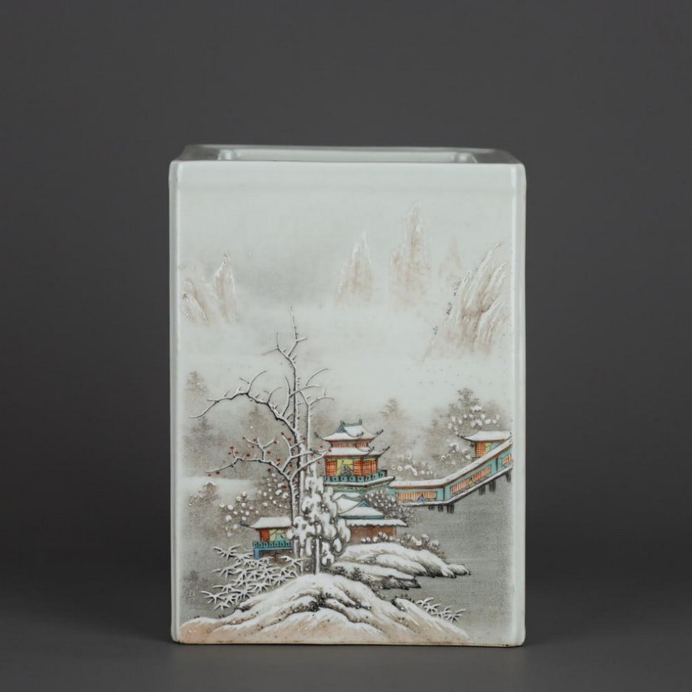 Republic of China He Xu Ren Snow Scenery Landscape Pavilion Poetry & Prose Square Pen Holder (1 of 9)